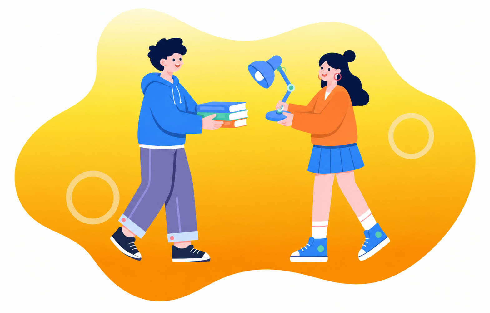 两位大学生交换二手教材和宿舍台灯的扁平插画