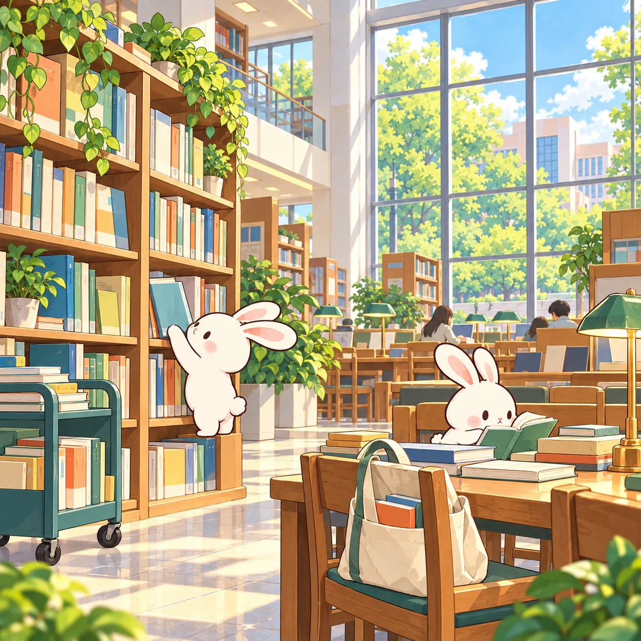 大学图书馆里，两只兔子浏览教材和学习资料