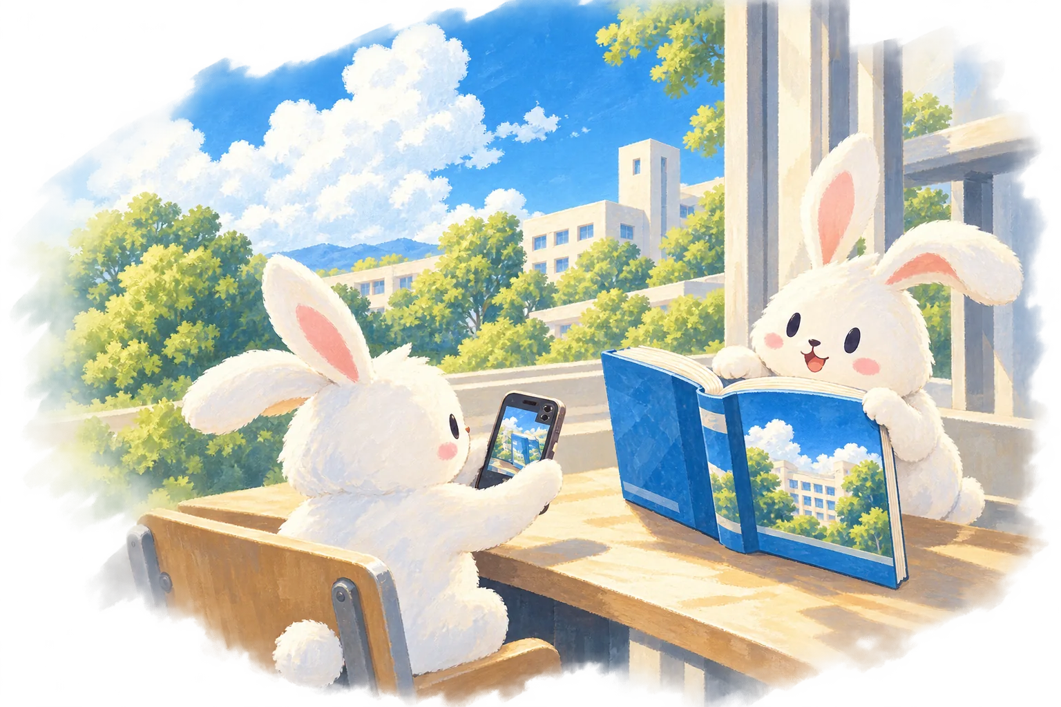 宿舍书桌旁，一只兔子拍摄二手教材，另一只举起教材展示